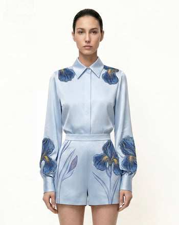 Iris Camicia a maniche lunghe con colletto ricamata - Azzurro