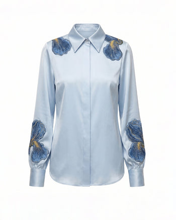 Iris Camicia a maniche lunghe con colletto ricamata - Azzurro