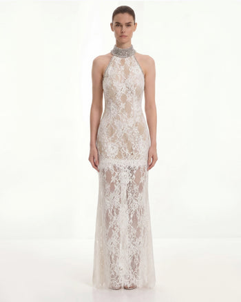 Abito halter in pizzo con gioielli - Bianco