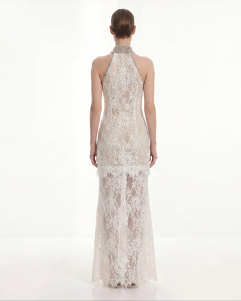 Abito halter in pizzo con gioielli - Bianco