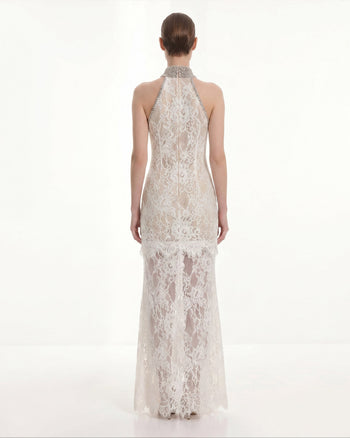 Abito in pizzo con scollo all'americana decorato - Bianco