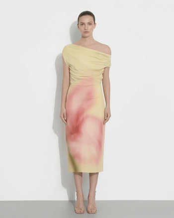Abito midi asimmetrico monospalla con stampa floreale ad acquerello - Giallo