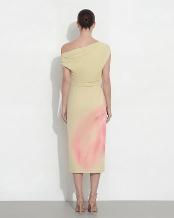 Abito midi asimmetrico monospalla con stampa floreale ad acquerello - Giallo