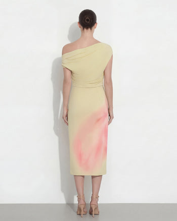 Abito midi asimmetrico monospalla con stampa floreale ad acquerello - Giallo