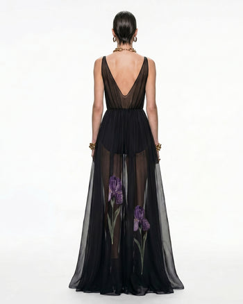 Maxi abito con stampa floreale trasparente - Nero