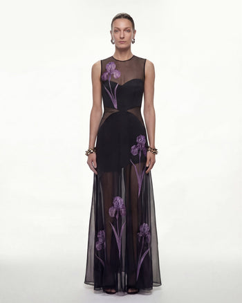 Abito lungo velato a pannelli con stampa floreale - Nero