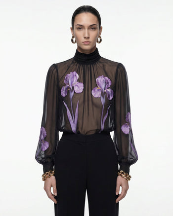 Blusa velata a collo alto con stampa Iris - Nero/Viola