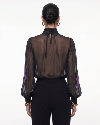 Blusa velata a collo alto con stampa Iris - Nero/Viola