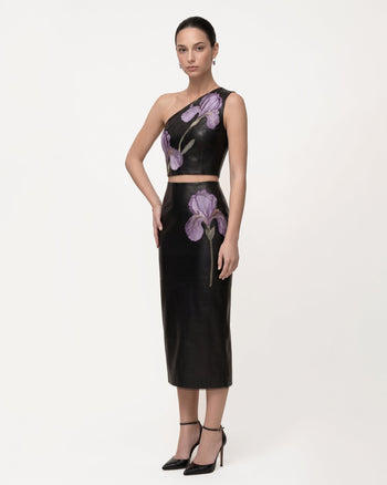 Iris Gonna midi a tubino in pelle a vita alta con stampa floreale - Nero