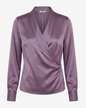 Blusa a maniche lunghe incrociata in raso con scollo a V - Malva polvere
