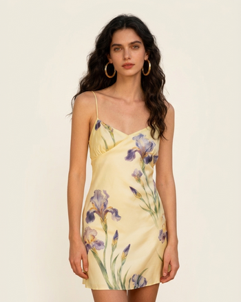Iris Abito corto a sottoveste in raso stampato - Giallo tenue