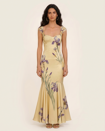 Iris Abito lungo a sirena in raso stampato - Giallo tenue