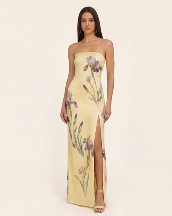 Iris Abito lungo senza spalline in raso stampato con spacco - Giallo tenue