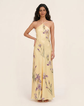 Abito lungo con stampa Iris, scollo halter incrociato e schiena scoperta - Giallo