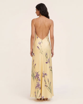 Abito lungo con stampa Iris, scollo halter incrociato e schiena scoperta - Giallo