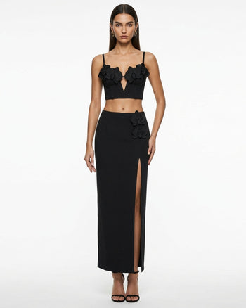 Top bustier a corsetto con applicazioni ricamate a forma di orchidea - Nero