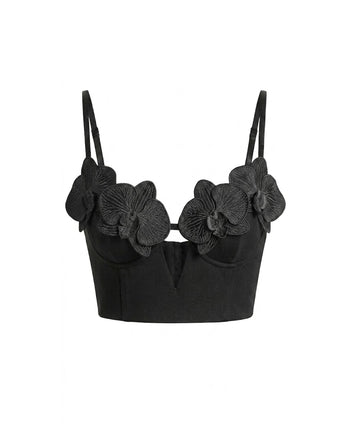 Top bustier a corsetto con applicazioni ricamate a forma di orchidea - Nero