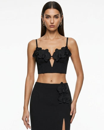 Top bustier a corsetto con applicazioni ricamate a forma di orchidea - Nero