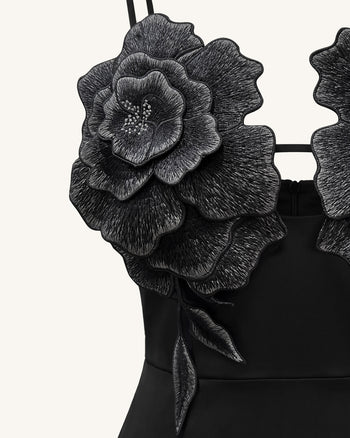 Abito lungo floreale 3D a spalline sottili - Nero