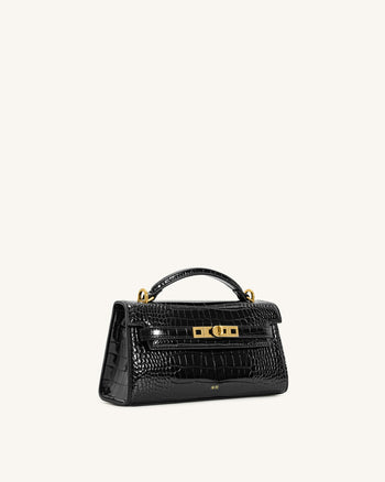 Noor Borsa con manico superiore - Effetto coccodrillo nero