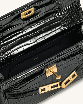 Noor Borsa con manico superiore - Effetto coccodrillo nero