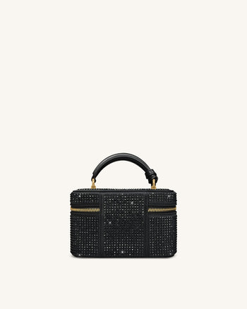 Cleo Borsa con Manico Superiore a Forma di Scatola in Cristallo Artificiale - Nero