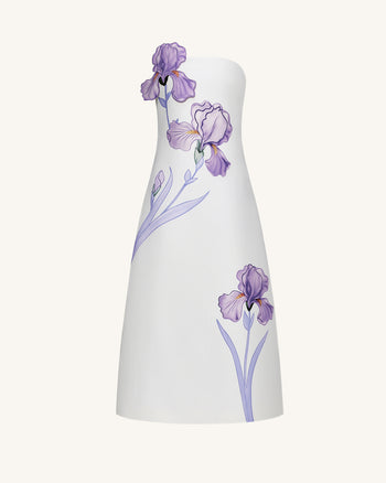 Iris Vestido Largo Corte A Sin Tirantes con Estampado Floral – Blanco