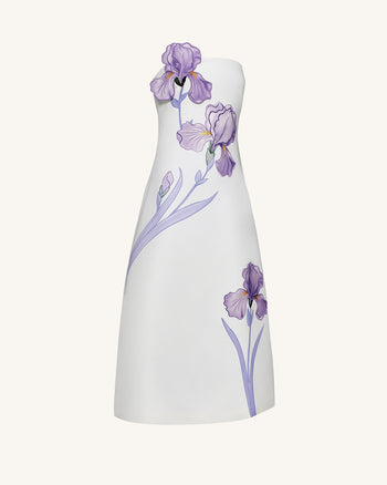 Iris Vestido Largo Corte A Sin Tirantes con Estampado Floral – Blanco