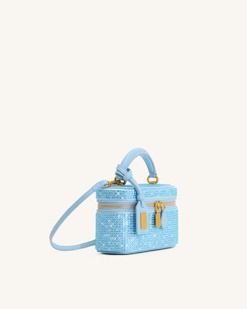 Cleo Borsa con Manico Superiore a Forma di Scatola in Cristallo Artificiale - Blu