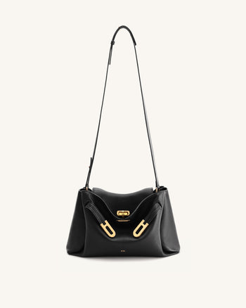 Borsa a Spalla con Doppia Fibbia e Effetto Ciottolato Rhea - Nero