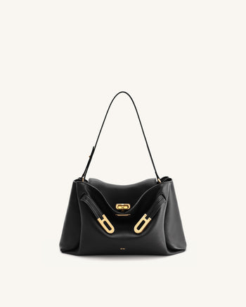 Borsa a Spalla con Doppia Fibbia e Effetto Ciottolato Rhea - Nero