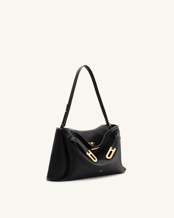 Borsa a Spalla con Doppia Fibbia e Effetto Ciottolato Rhea - Nero