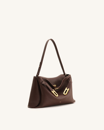 Borsa a Spalla con Doppia Fibbia e Effetto Ciottolato Rhea - Marrone Scuro