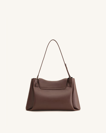 Borsa a Spalla con Doppia Fibbia e Effetto Ciottolato Rhea - Marrone Scuro