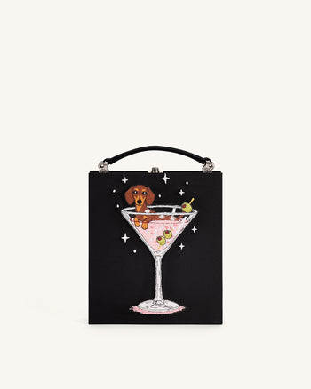 Pochette a forma di libro con motivo cucciolo e calice di vino Taya - Nera