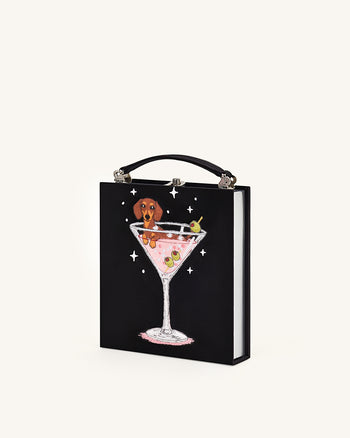 Pochette a forma di libro con motivo cucciolo e calice di vino Taya - Nera