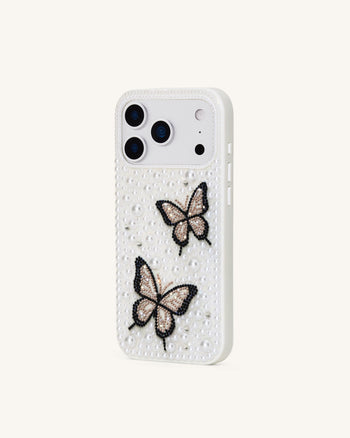 Butterfly Custodia per telefono con perle - Bianca
