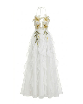 Maxi abito a balze con scollo all'americana e ricamo giglio - Bianco