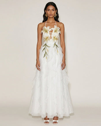 Maxi abito a balze con scollo all'americana e ricamo giglio - Bianco