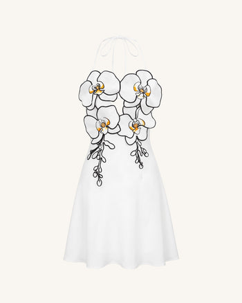 Mini abito con scollo all'americana e ricamo di orchidee - Bianco