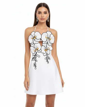 Mini abito con scollo all'americana e ricamo di orchidee - Bianco