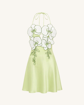 Mini abito con scollo all'americana e ricamo di orchidee - Verde chiaro