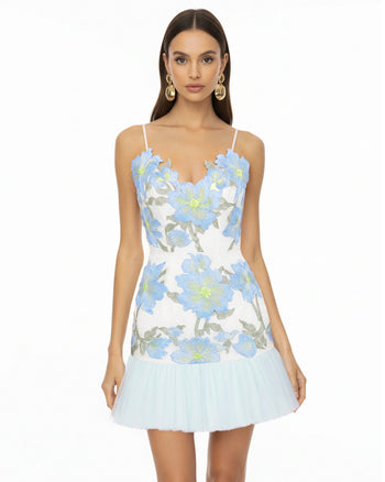 Minidress floreale con spalline sottili - Celeste