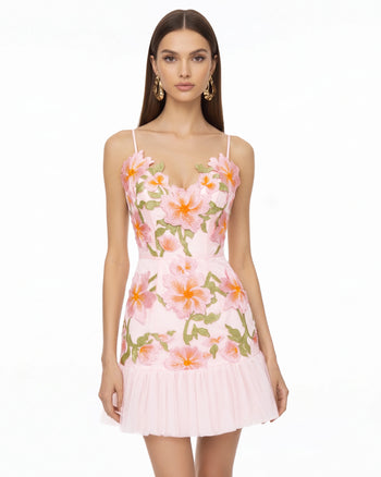 Minidress floreale con spalline sottili - Rosa