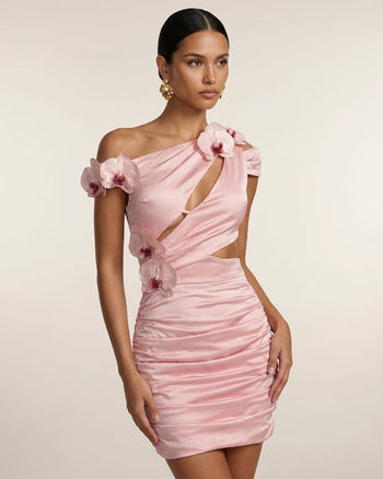 Mini abito arricciato cut-out con ricamo orchidea - Rosa cipria