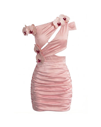Mini abito arricciato cut-out con ricamo orchidea - Rosa cipria