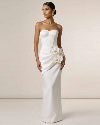 Maxi abito a corsetto con decorazione orchidea - Bianco