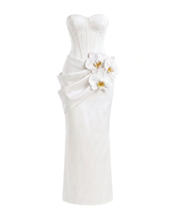 Maxi abito a corsetto con decorazione orchidea - Bianco