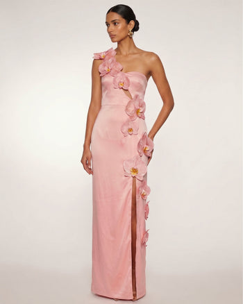 Maxi abito cut-out con spacco e decorazione orchidea - Rosa cipria
