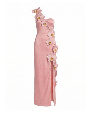 Maxi abito cut-out con spacco e decorazione orchidea - Rosa cipria